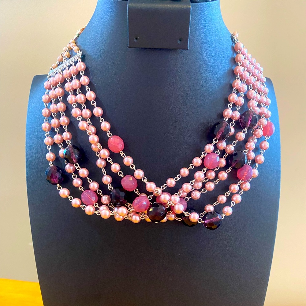 Pink beads and faux pearl necklace with ribbon back tie